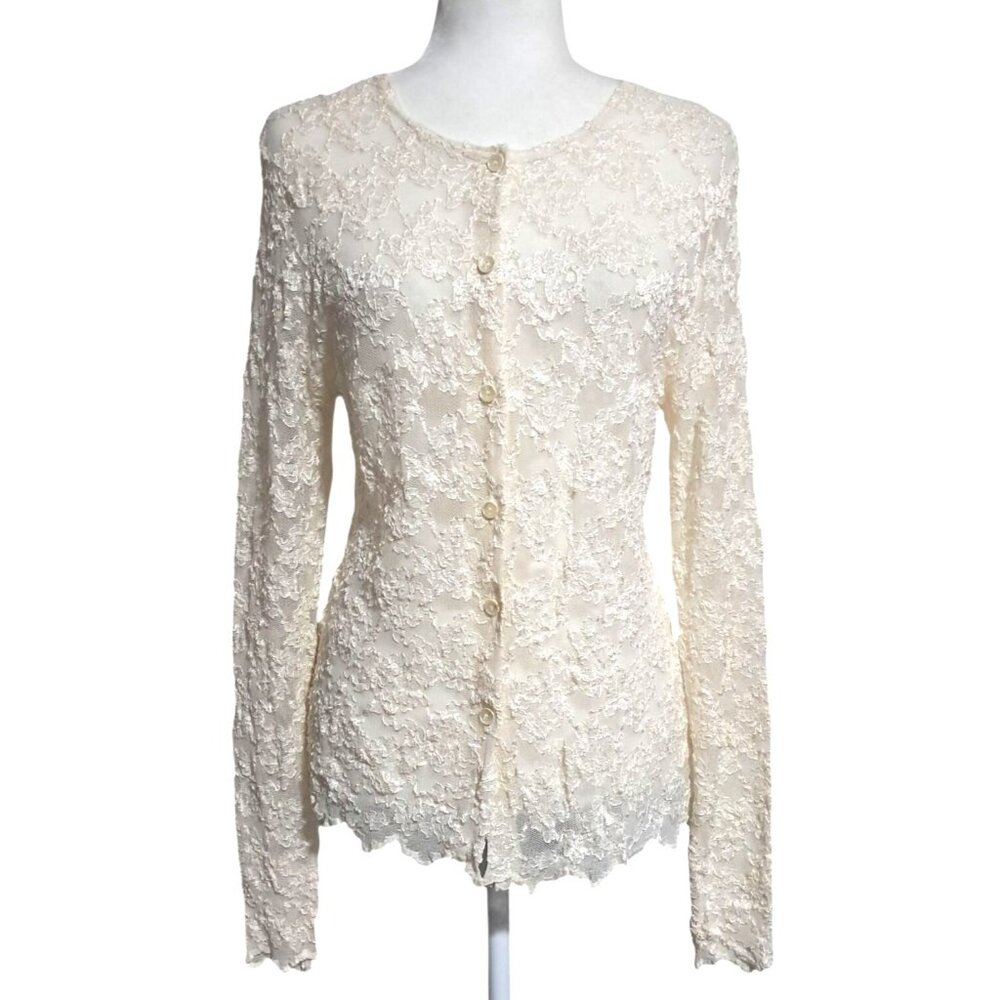 Hu-Hu Floral Lace Blouse Women‎ XL Cream Sheer Button Up Long Sleeve Top Vintage